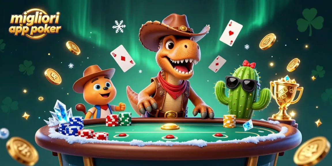 Migliori app poker: divertiti ai tavoli virtuali con il T-Rex cowboy e i suoi amici.
