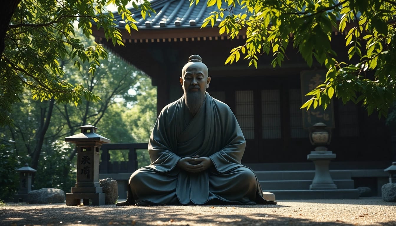 自然に囲まれた静かな寺院の環境にある即身仏像。仏教のミイラ化儀式の静寂さを表しています。