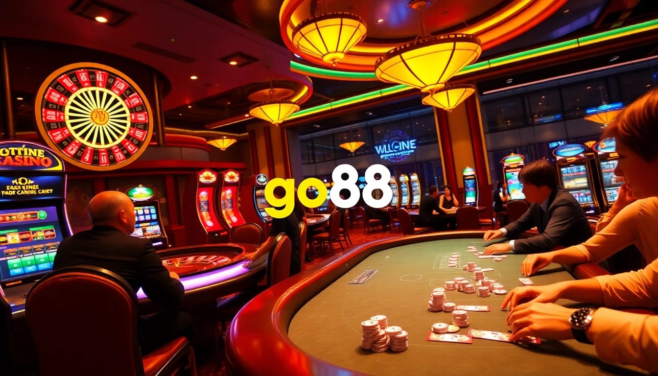 Engaging scene of gamblers at a casino showcasing the vibrant atmosphere of go88 gaming.