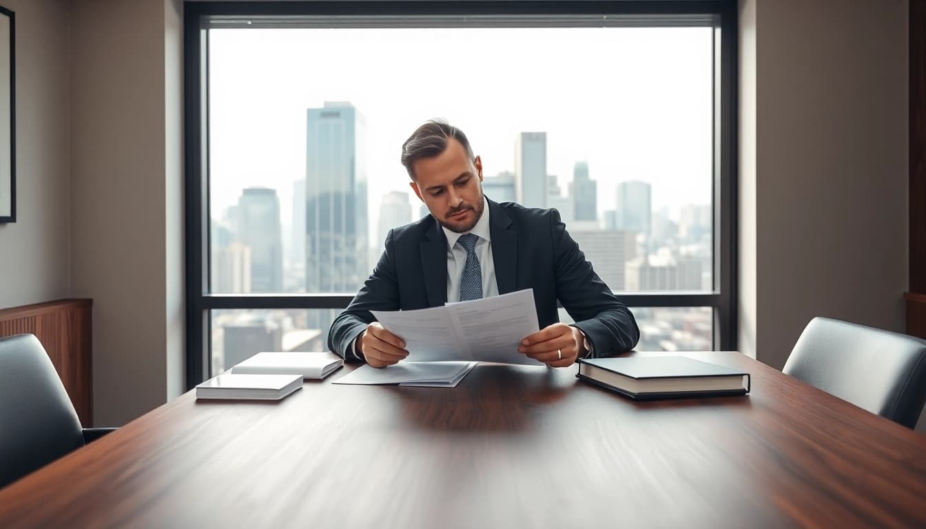 Engaging probate lawyer reviewing documents attentively in a bright office setting.