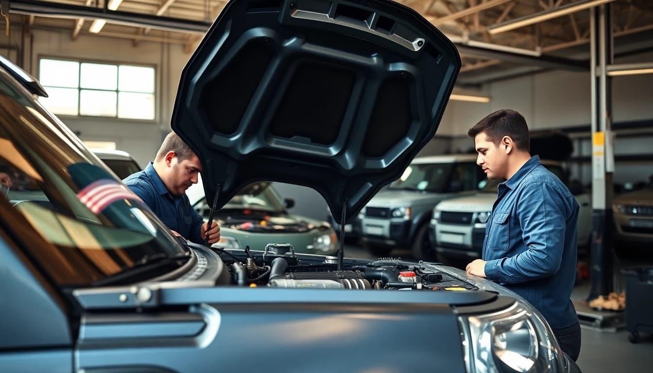 Kinghams experts performing precision repairs on a Land Rover in a modern workshop.