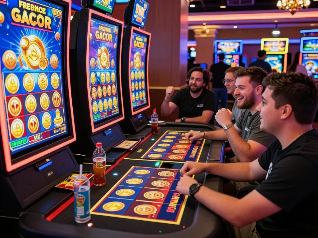 Pemain yang antusias berpartisipasi dalam permainan slot gacor di kasino online yang meriah.