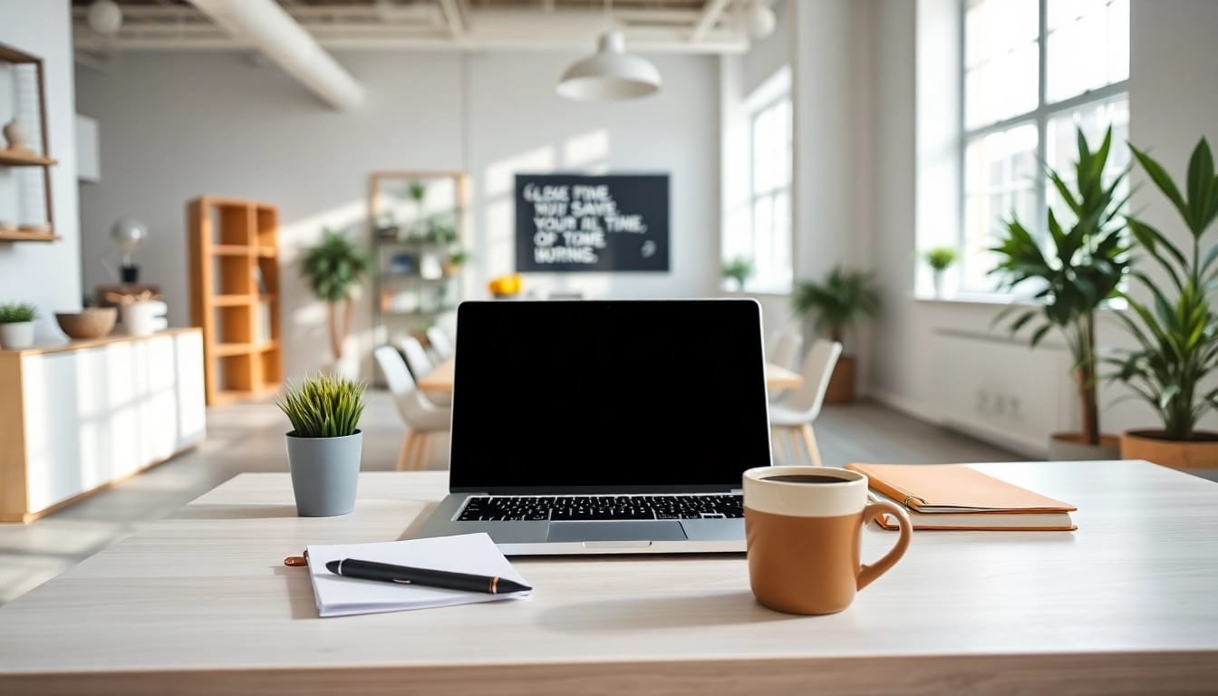 Versterk je werkstemming met een georganiseerde werkplek van https://www.stofnodig.nl, compleet met laptop en planten.