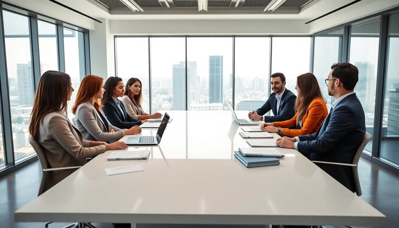 Engaged team discussing FCPA/DCAA/Flowdown/ITAR/EAR compliance in a modern office.