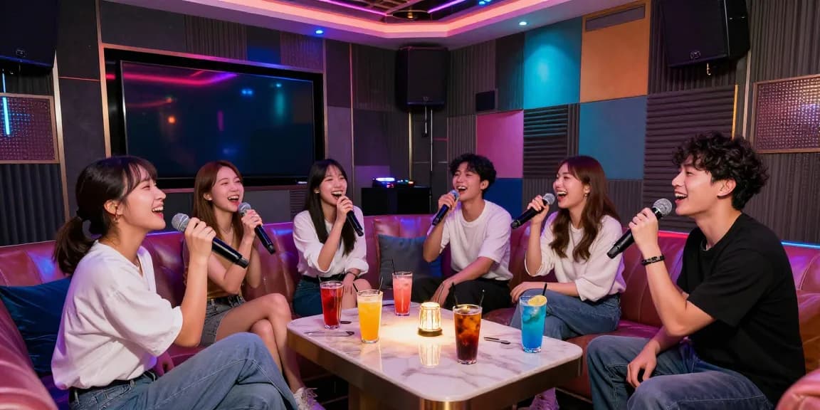강남 가라오케의 고급스러운 분위기에서 친구들이 즐겁게 노래하는 모습