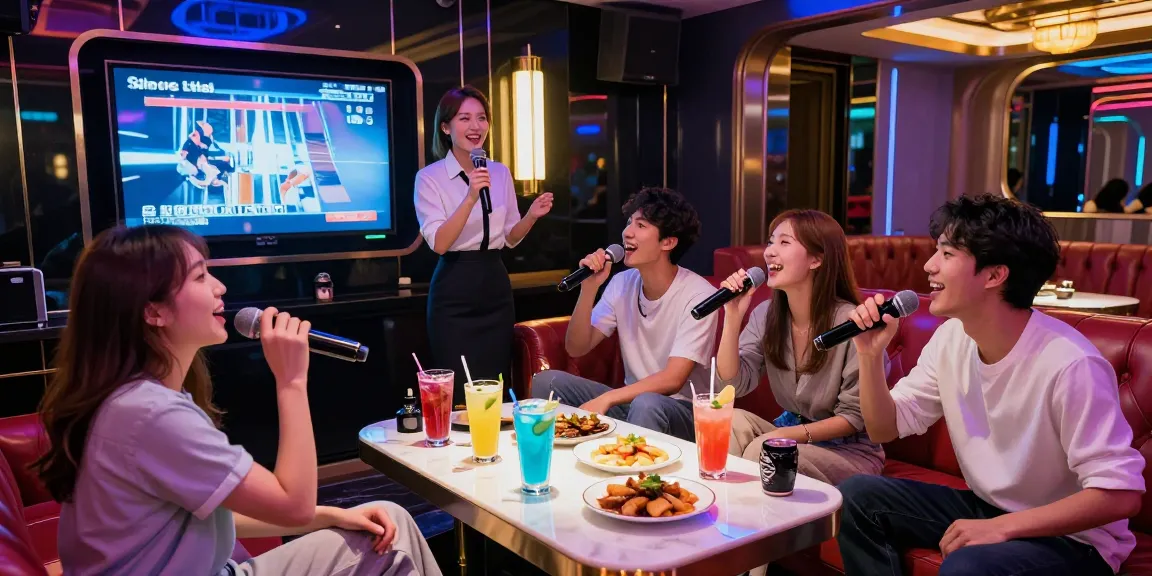 강남 가라오케에서 화려한 조명 아래 즐거운 시간 보내는 친구들 모습
