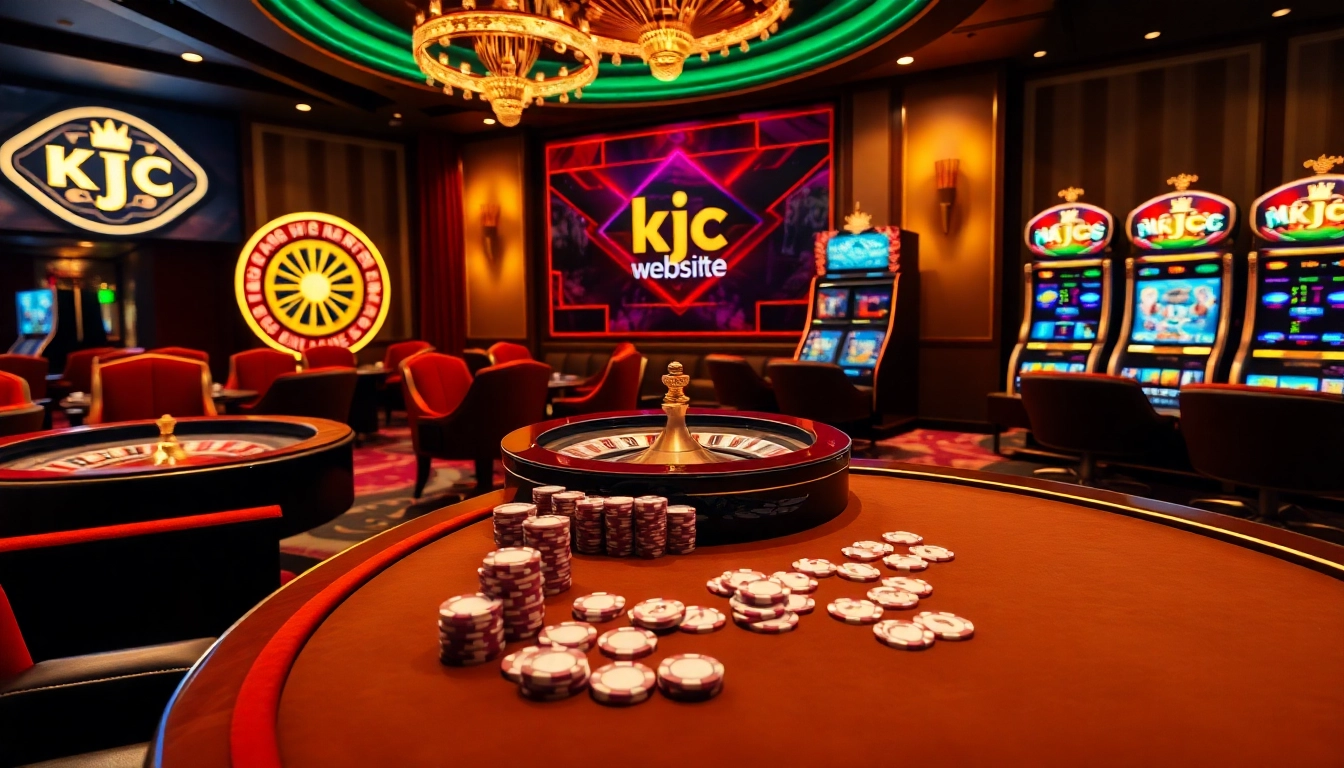 The kjc website enhances the excitement with a luxurious casino scene featuring poker tables and vibrant slot machines.