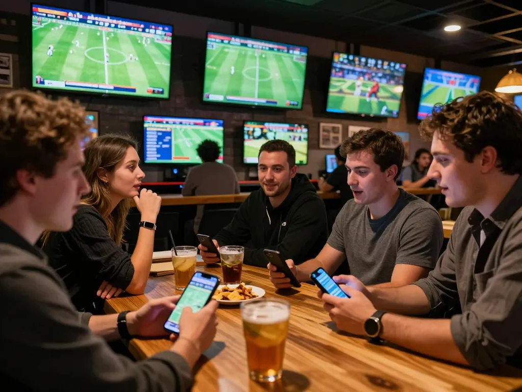 Cakhiatv users enjoying a lively sports betting scene with friends at a bar, analyzing matches and placing bets.