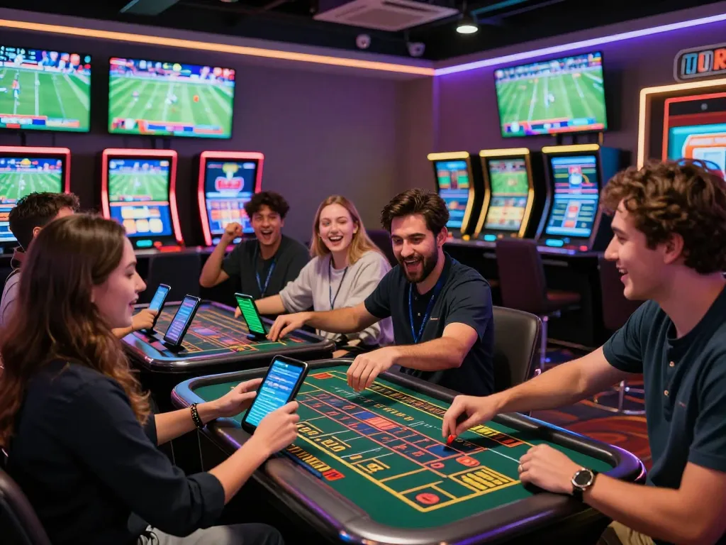 Experience the thrill of bk33 sports betting with friends using mobile apps in a vibrant atmosphere.