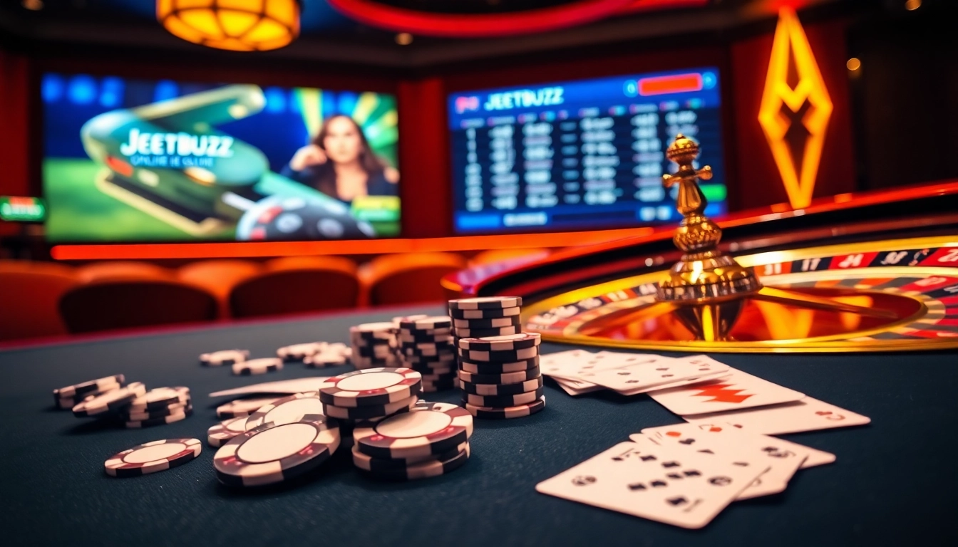 Experience the excitement of Jeetbuzz with luxurious poker chips and an engaging roulette wheel.