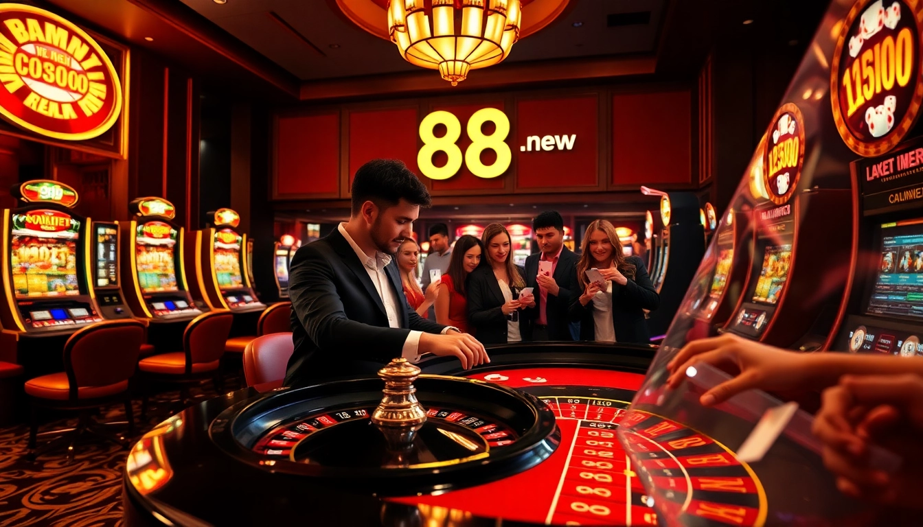 Engaging players at the luxurious casino scene with Liên hệ 888new prominently highlighted, showcasing poker action.