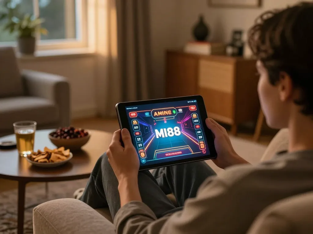 TẢI MI88 platform on tablet for engaging online gaming experience in a cozy setting.