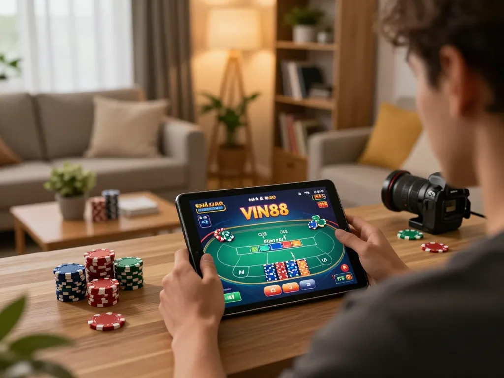 Person enjoying a poker game at NHÀ CÁI VIN88 online casino on a tablet in a cozy home environment.