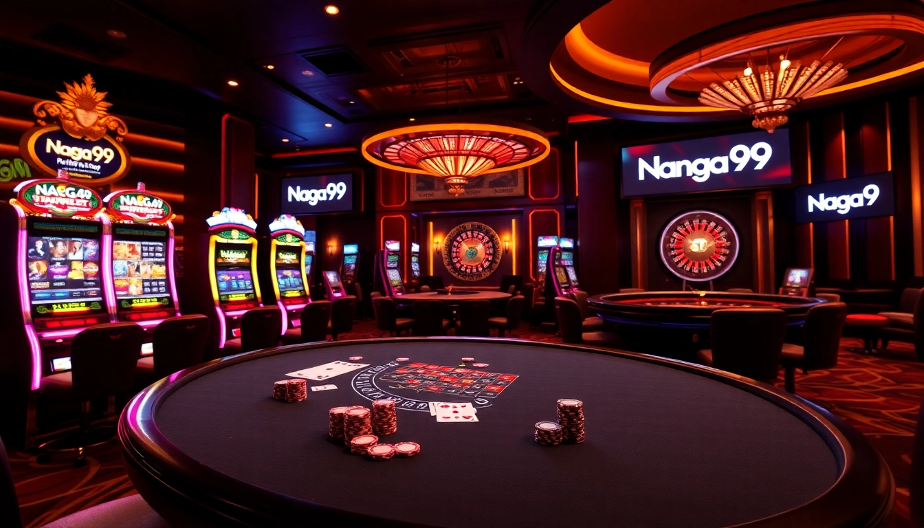 Naga99 casino interior with poker tables, vibrant slot machines, and an exciting roulette wheel
