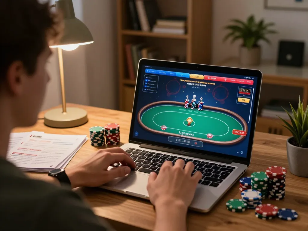 Exciting poker game on sky88 club's online platform, person strategizing with chips visible.