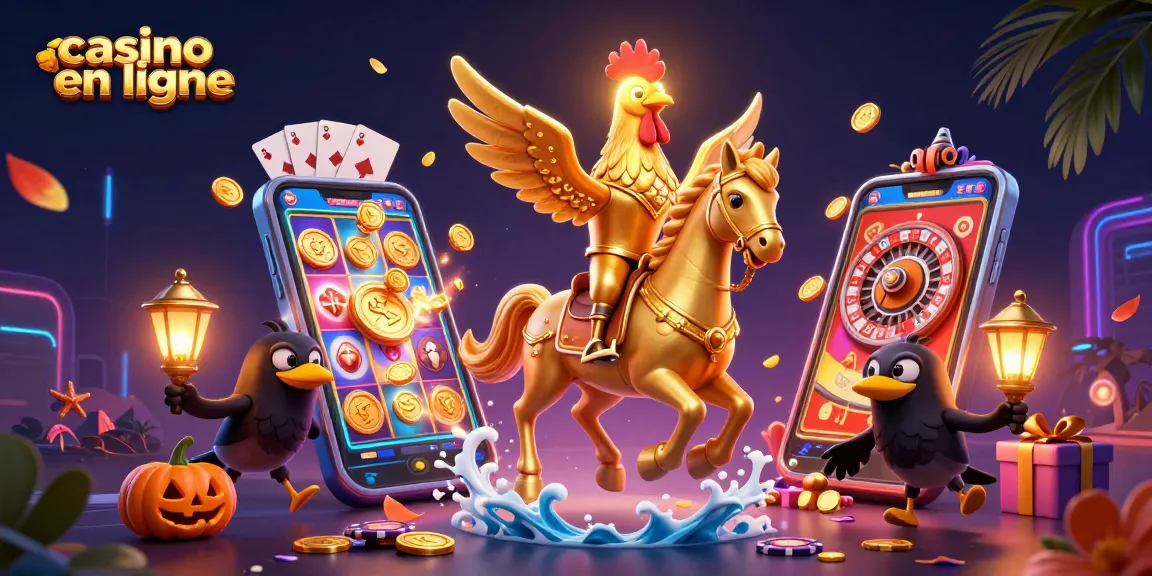 Casino en ligne avec un coq doré et ses amis spectres illuminant le jeu d'argent.