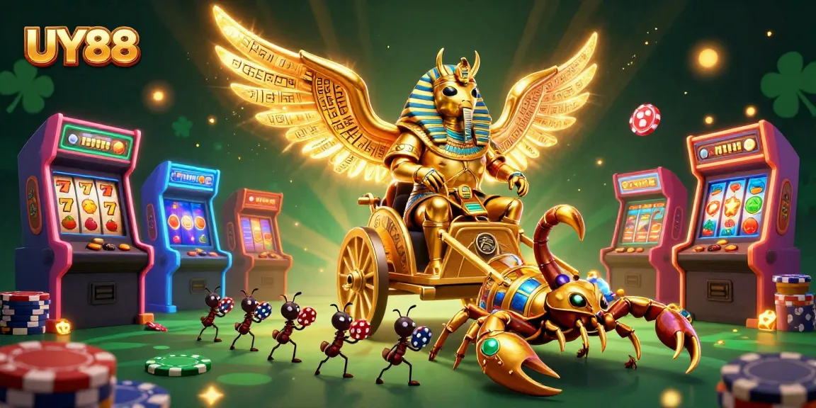 Engage with UY88's vibrant casino world featuring a grand golden scarab and animated game elements.
