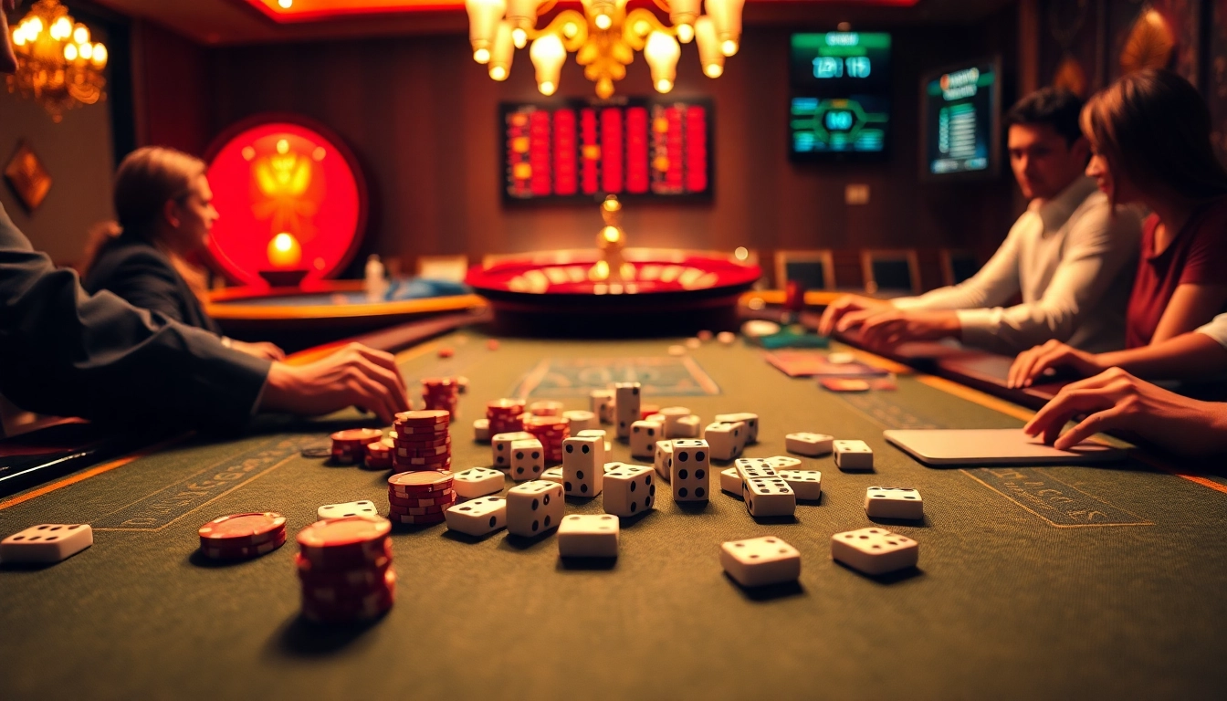 Engaged players enjoying a thrilling Dominoqiu game at a luxurious casino table, surrounded by vibrant poker chips.