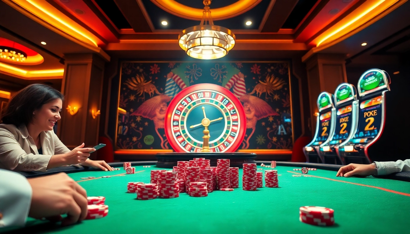 Experience the excitement of gambling at https://www.jun88.org/ with a vibrant casino scene showcasing poker and roulette.