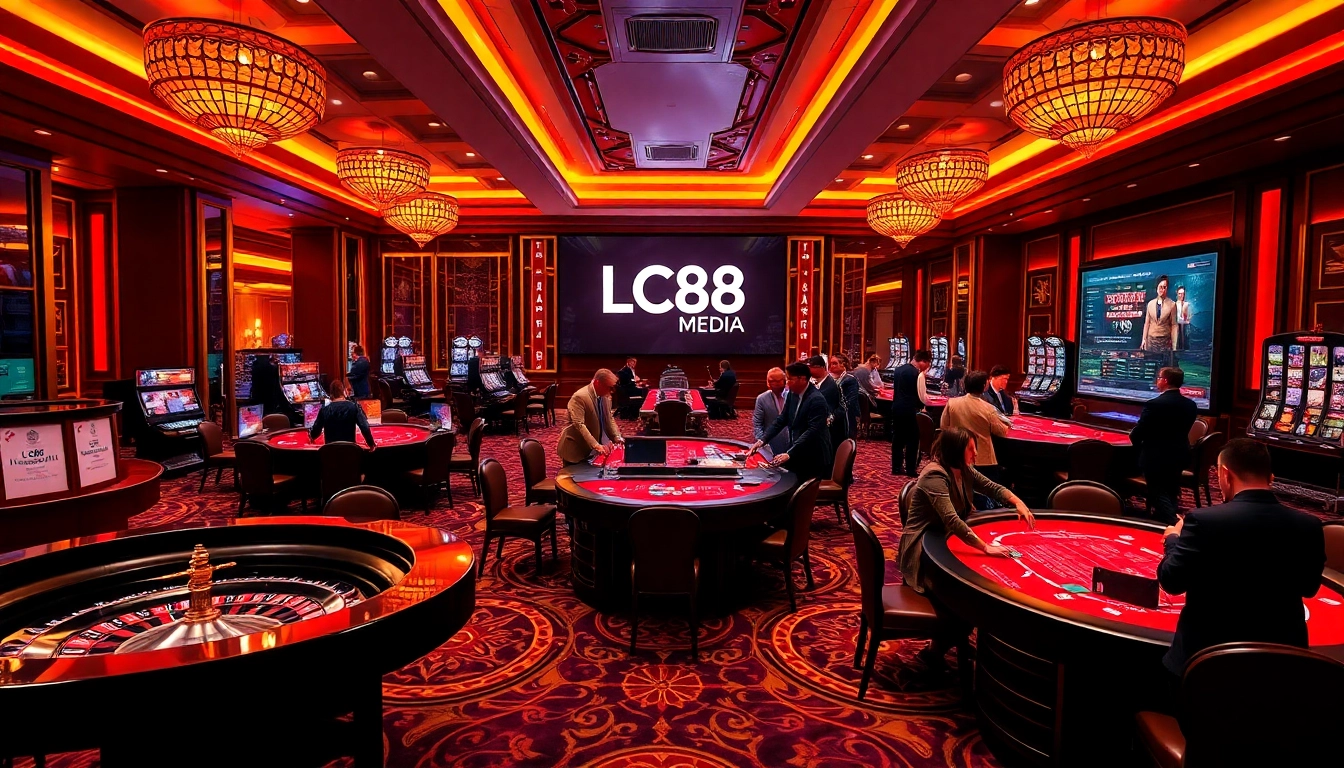 Players enjoying casino games with the logo LC88 Media prominently displayed on a digital screen.
