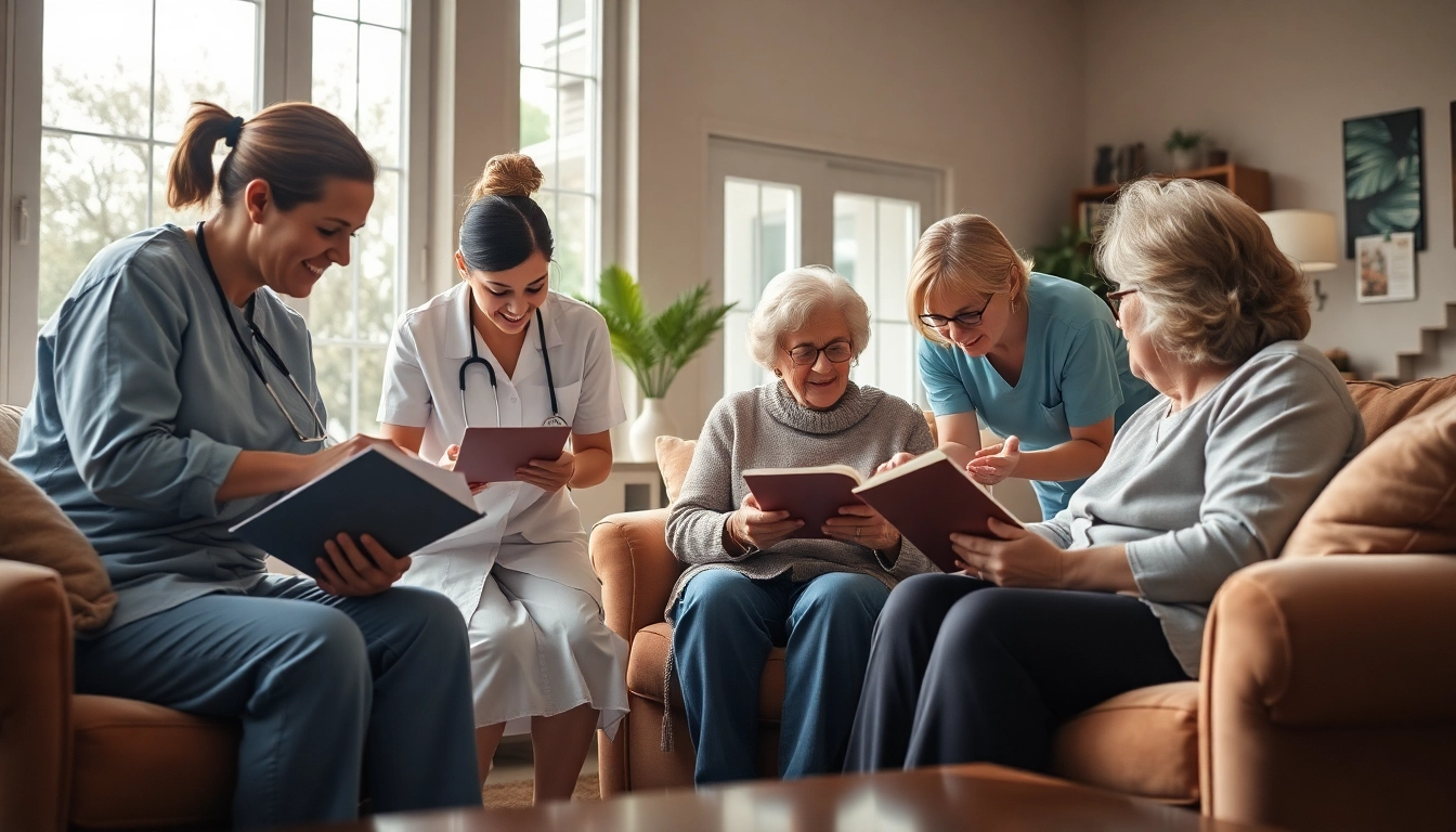 Elderly clients receiving senior home care austin in a bright, cozy home environment.