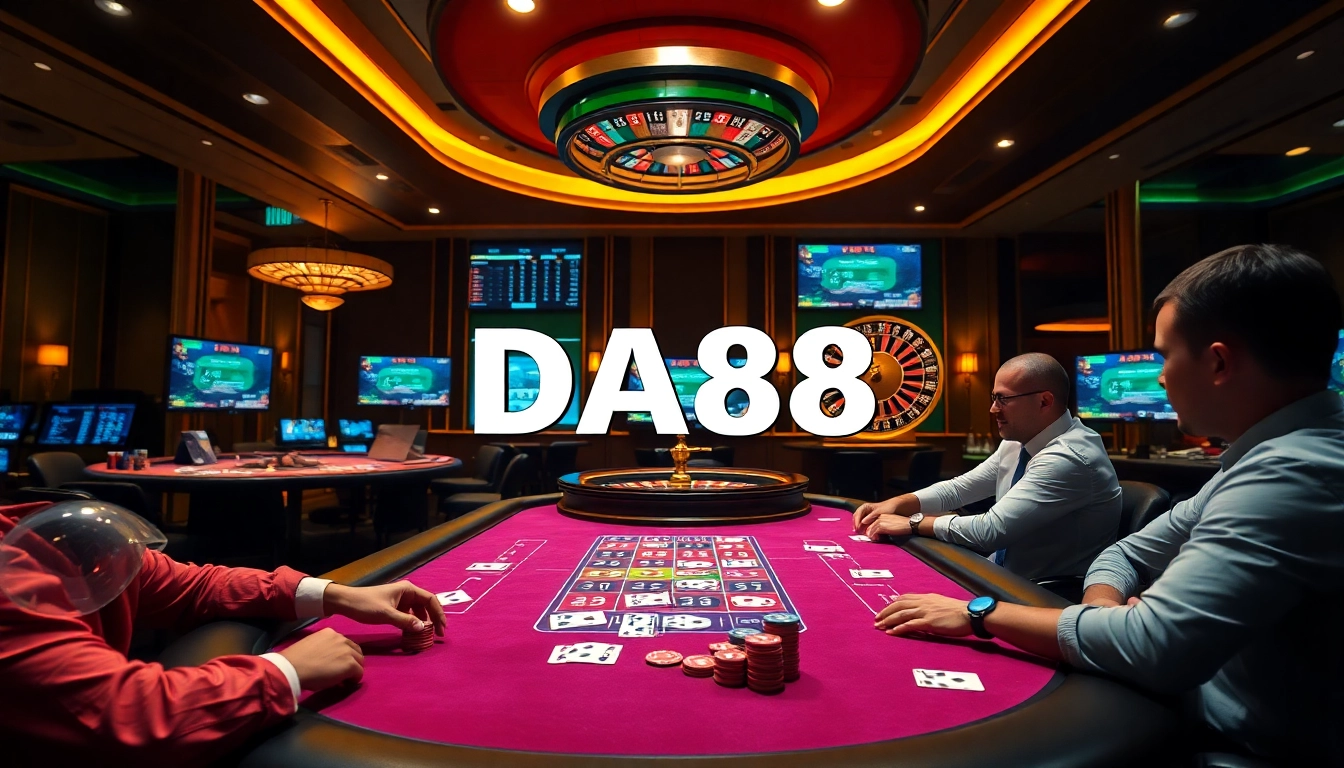 Players engaging in a strategic poker game in a luxurious casino with DA88 branding