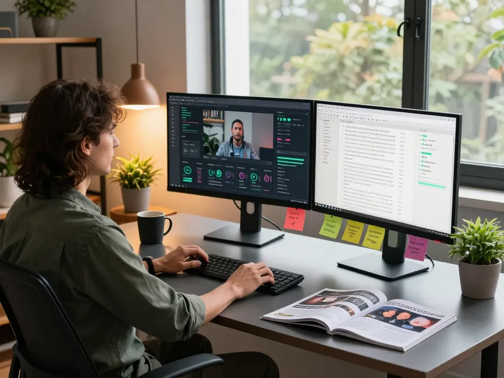 Data analyst generating video to prompt AI tools in modern workspace with high-tech dual monitors.