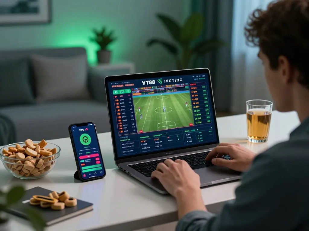 Engaged VT88 user placing sports bets from a stylish home office setup