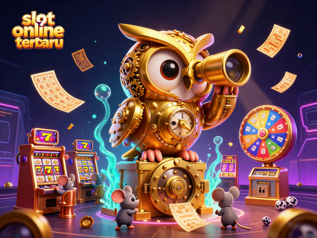Slot online terbaru menyajikan ilustrasi kasino dengan burung hantu emas dan elemen permainan yang menarik.