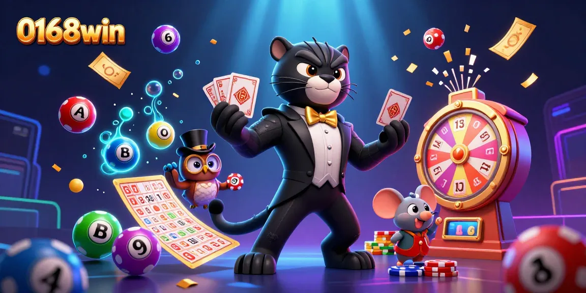 Play exciting games at 0168win with a stylish panther dealer, colorful betting elements and animated characters.