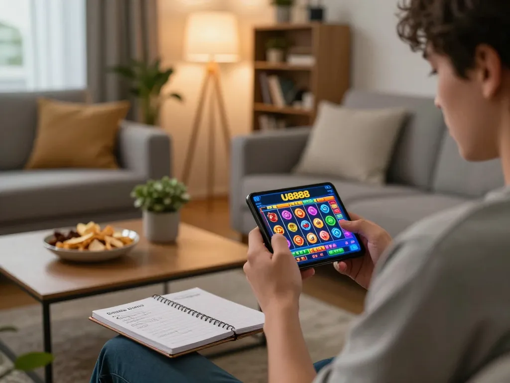 Engaging gaming experience on U8888 casino app with a player in a cozy home setting, enjoying online slots.