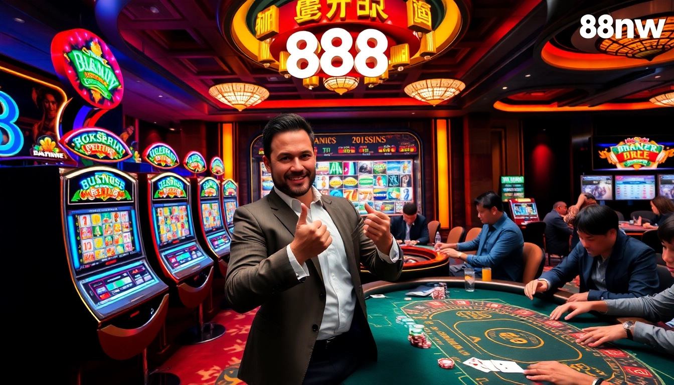 Engaging scene at 888new casino with players enjoying slot machines and poker tables.