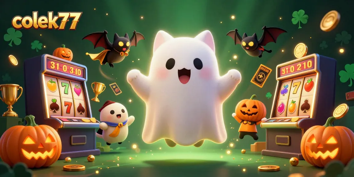 Win big with colek77 at the haunted casino featuring playful characters and dynamic slot elements!