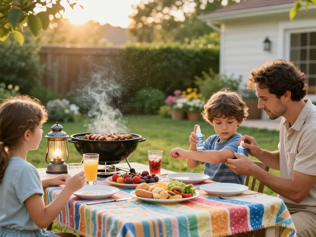 Family enjoying a barbecue while applying the Best Mosquito Repellent outdoors during golden hour.