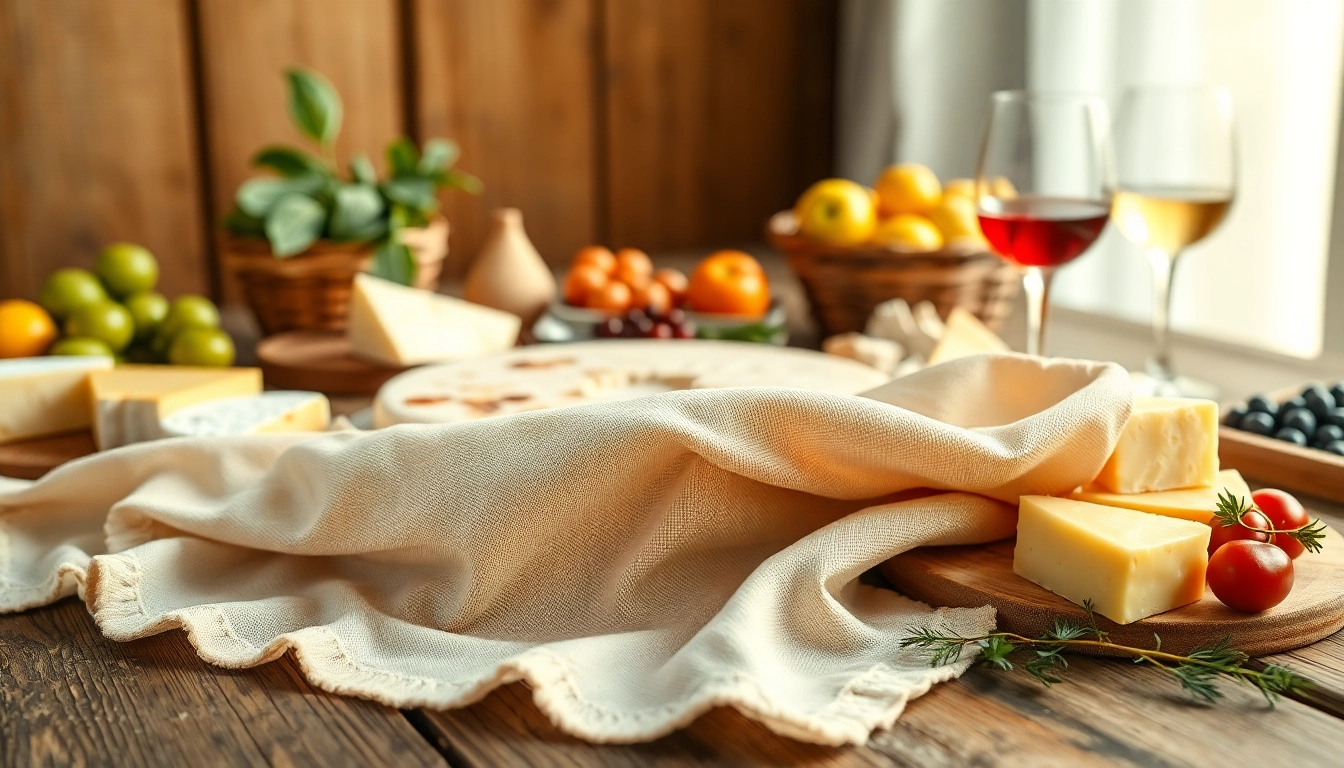 Kaasdoek met artisanale kaas en fruit op een houten tafel.