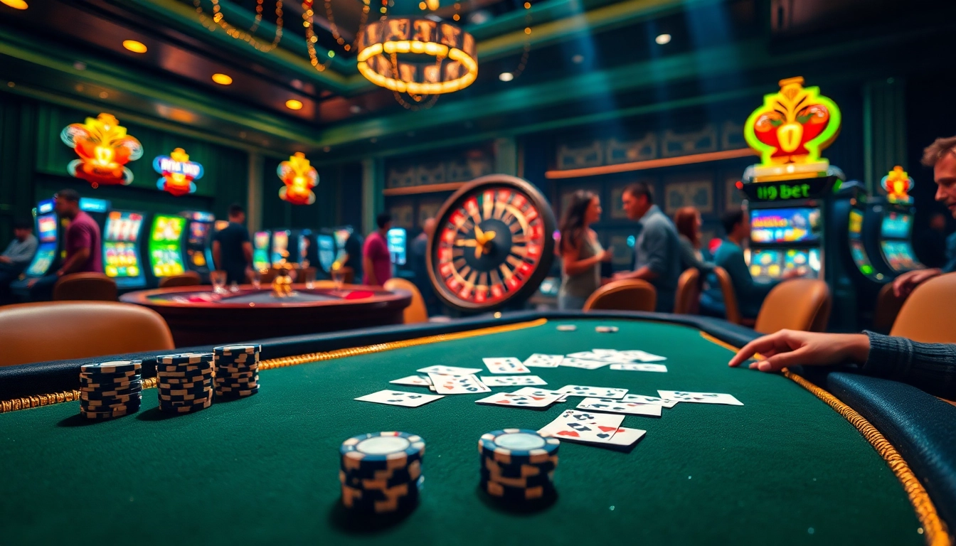 Engage in thrilling gameplay at i9bet with vibrant casino tables, poker chips, and roulette wheels.
