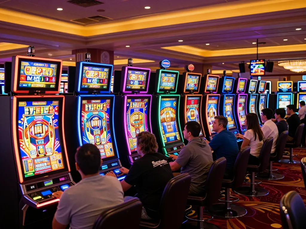 Players spinning slot777 machines in a colorful casino with vibrant lights and dynamic energy
