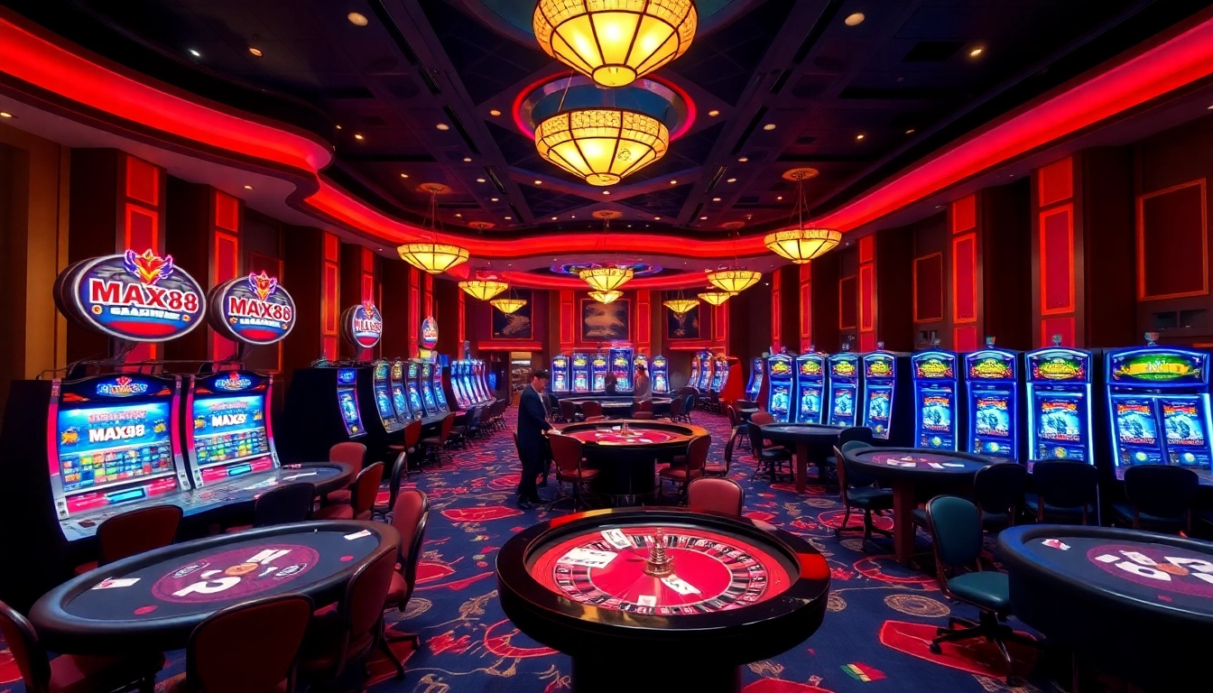 Experience the thrill of gaming at MAX88's luxurious casino atmosphere with vibrant tables and slots.