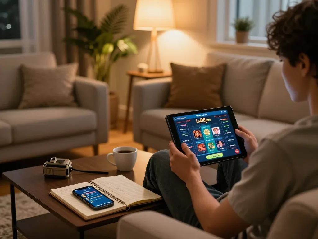 Engaging home gaming scene with a player actively exploring games on lu88.jpn.com, warm atmosphere, and strategic notes visible