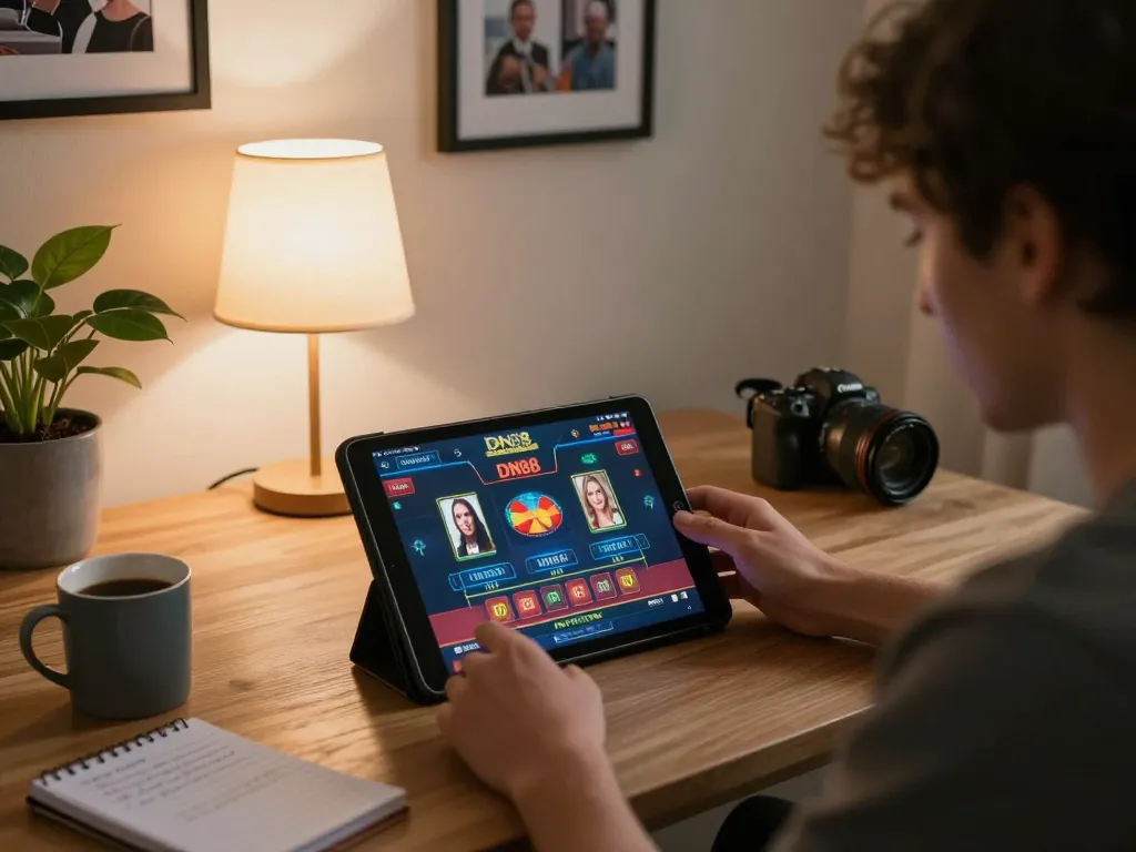 Player enjoying DN88 online casino games in a cozy home setting, showcasing tablet with vibrant interface