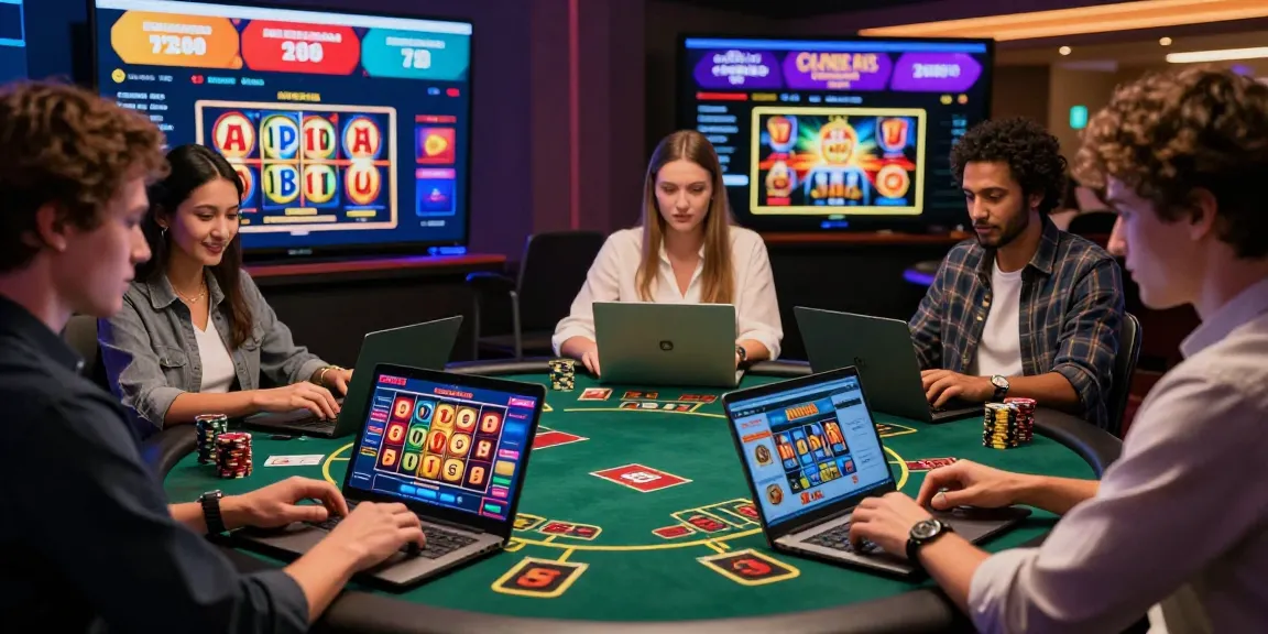 Engaging players at credit card casinos enjoying various games on laptops and mobile devices, vibrant and inviting online casino atmosphere.