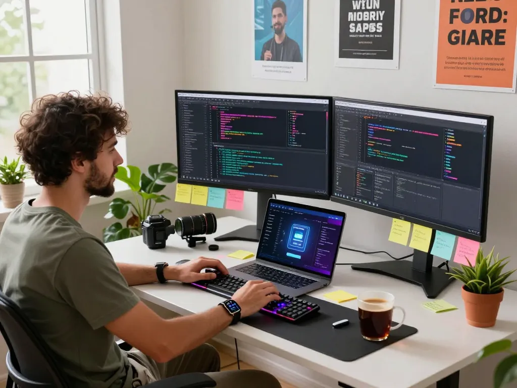 Developer programming with Molt bot AI in a vibrant home office workspace.