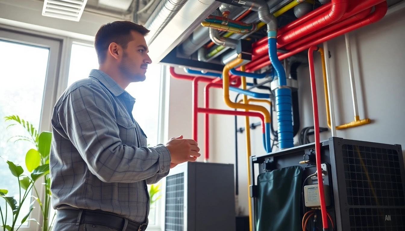 Technician checking heating and cooling services equipment in a modern home environment.