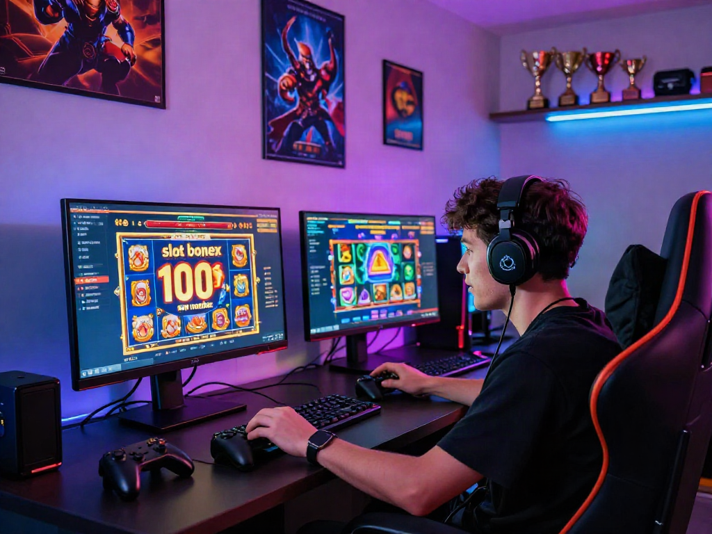 Player engaging with a slot game showcasing the slot bonus new member 100, immersed in a vibrant gaming environment.
