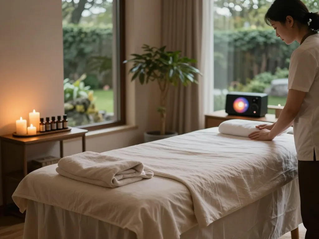 Relaxing 치평동마사지 therapy room with massage table and calming ambiance.