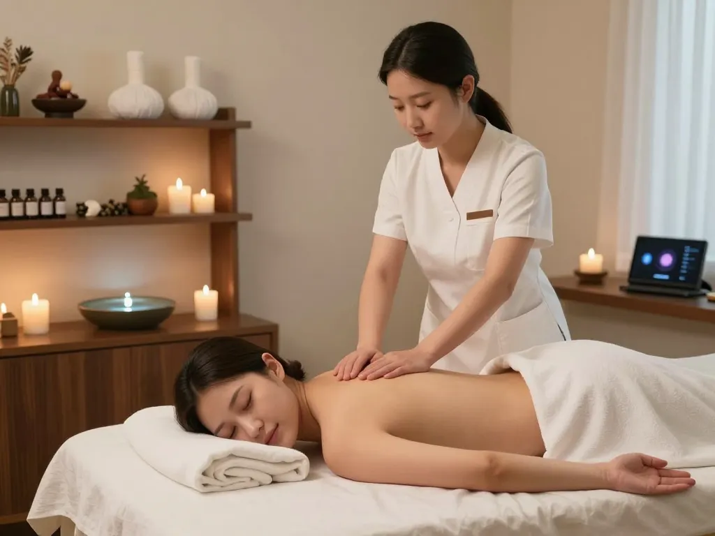 차분한 스파 환경에서 진정한 에센셜 오일과 부드러운 조명 속에서 상쾌한 강남마사지를 즐기는 모습.