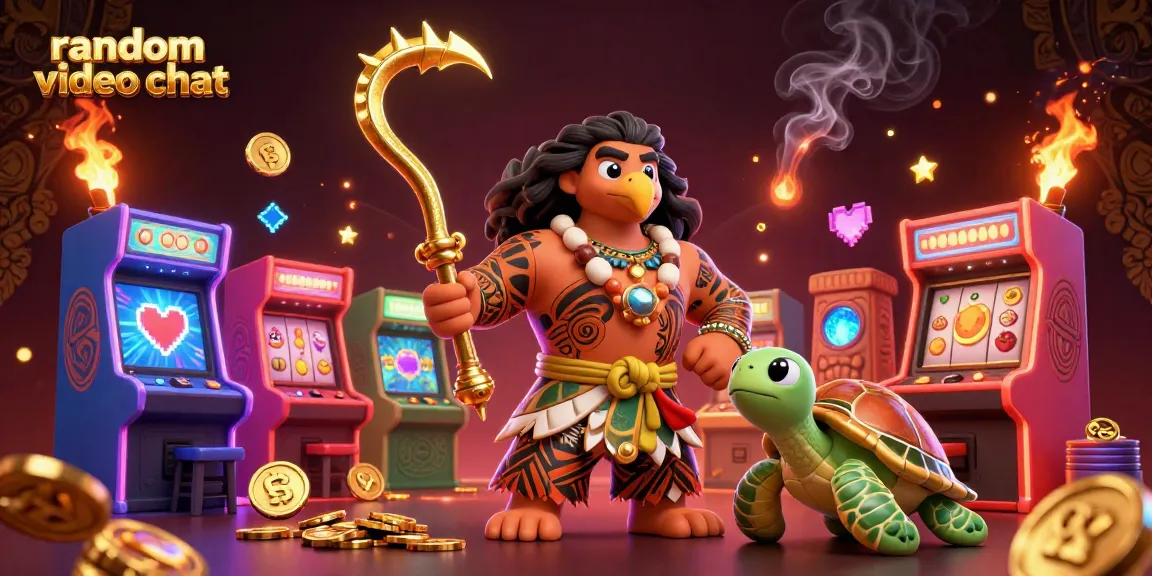 Engage in random video chat with unique characters while enjoying vibrant slot game elements.