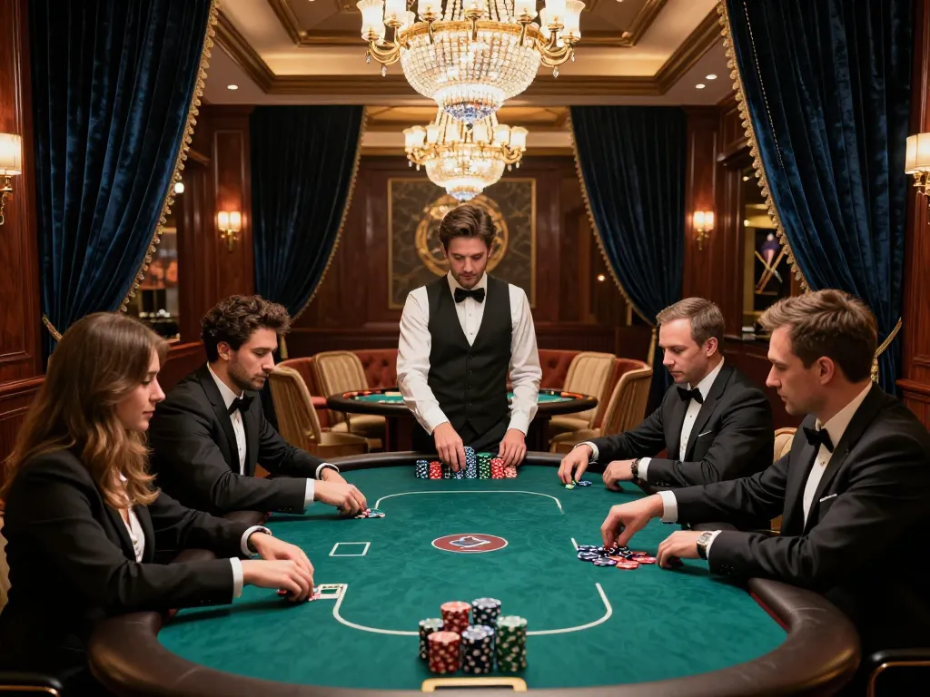 KUBET players strategizing in an upscale high-roller poker room, showcasing luxurious atmosphere and engaged gameplay.