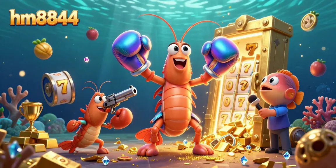 Join the excitement at hm8844 as the mantis shrimp celebrates a jackpot amidst sparkling treasures.
