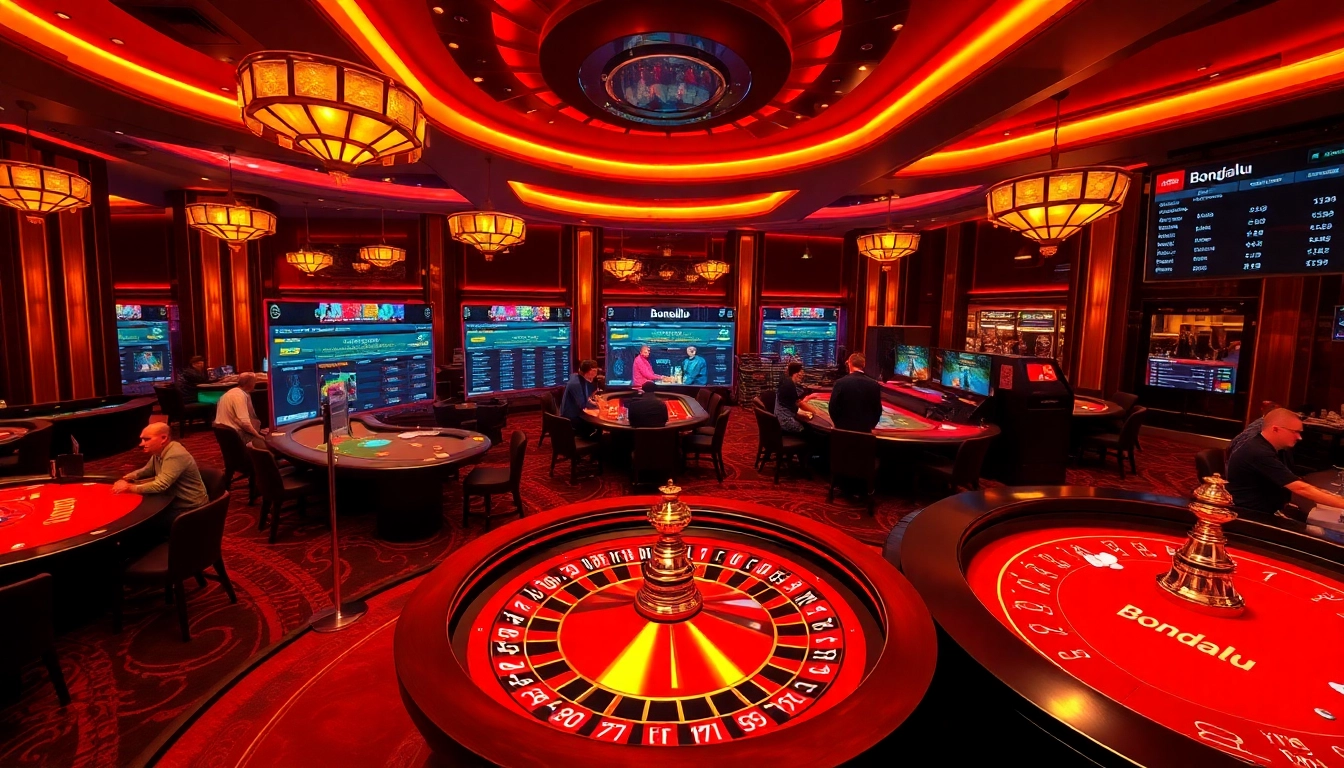 Bongdalu enthusiasts engaging at a luxurious casino table with vibrant lighting and live score displays.
